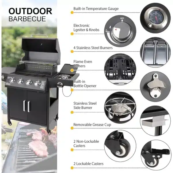 Propane Gas Grill 4 Burners with Side Burner - Image 6