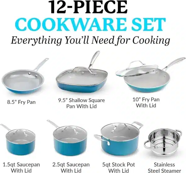 Gotham Steel Aqua Blue Pots and Pans Set, 12 Piece Nonstick Ceramic Cookware - Image 2