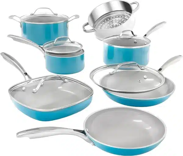 Gotham Steel Aqua Blue Pots and Pans Set, 12 Piece Nonstick Ceramic Cookware