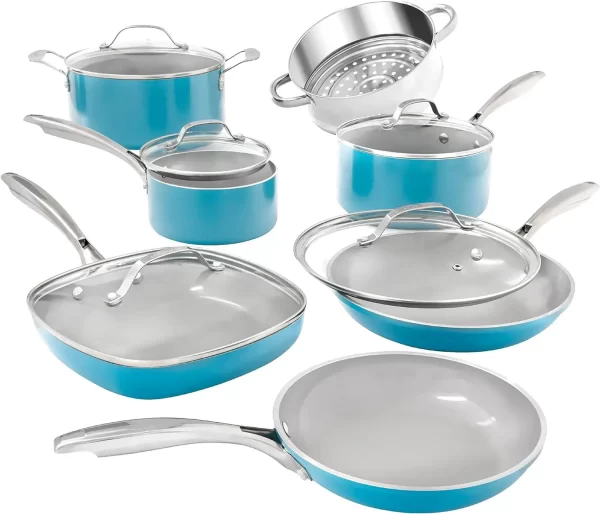 Gotham Steel Aqua Blue Pots and Pans Set, 12 Piece Nonstick Ceramic Cookware - Image 7