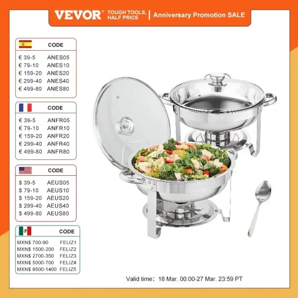 VEVOR 4QT 2-Pack Round Stainless Steel Chafing Dish Set - Image 2