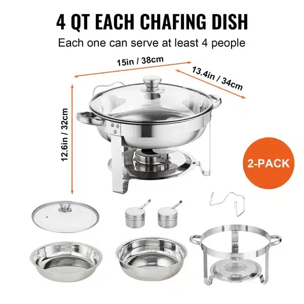 VEVOR 4QT 2-Pack Round Stainless Steel Chafing Dish Set - Image 4