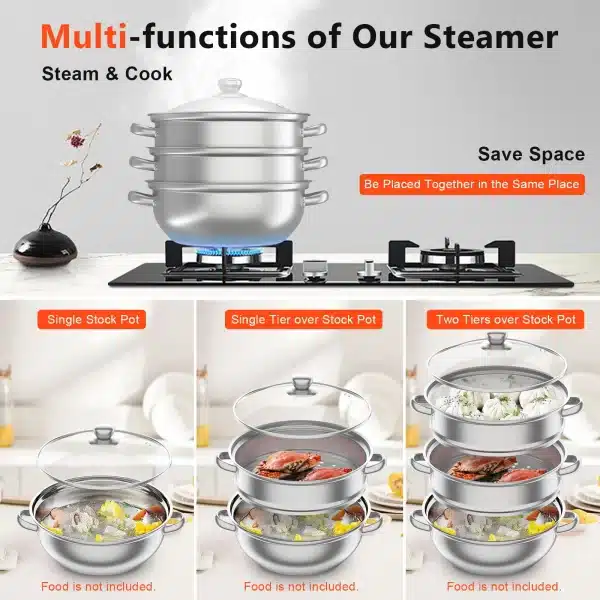 3-Tier 28CM Stainless Steel Steamer Food Cooking + Glass Lid Cookware Steam Pot Set Silver Hot Pot Steamer Veg Cooker - Image 5