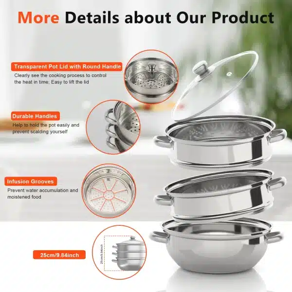 3-Tier 28CM Stainless Steel Steamer Food Cooking + Glass Lid Cookware Steam Pot Set Silver Hot Pot Steamer Veg Cooker - Image 4