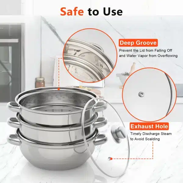 3-Tier 28CM Stainless Steel Steamer Food Cooking + Glass Lid Cookware Steam Pot Set Silver Hot Pot Steamer Veg Cooker - Image 3