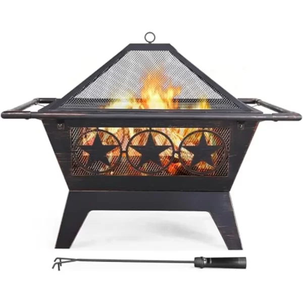 Fire Pit 32in for Outside Outdoor Fireplace Large Square Wood Burning Heavy Duty for Patio BBQ Camping Bonfire with Spark Screen