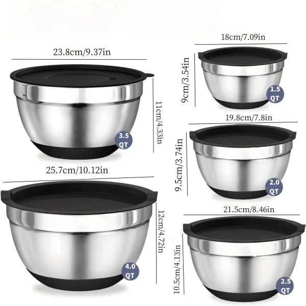 8pcs Mixing Bowls with Airtight Lids Stainless Steel Mixing Bowl Set, Attachments  Bottoms, Black Kitchen Bowls, Baking Serving - Image 6