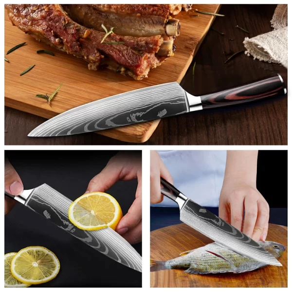 Kitchen Knife Set Damascus Pattern Stanless Steel  Japanese Santoku Knife Cleaver Slicing Utility Knife - Image 6