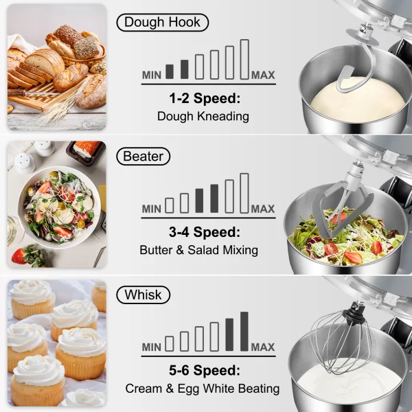 VEVOR 5.5/7L Electric Stand Mixer with 6 Speeds LCD Screen Timing Food Mixer Cream Egg Whisk Whip Dough Kneader With Steel Bowl - Image 3