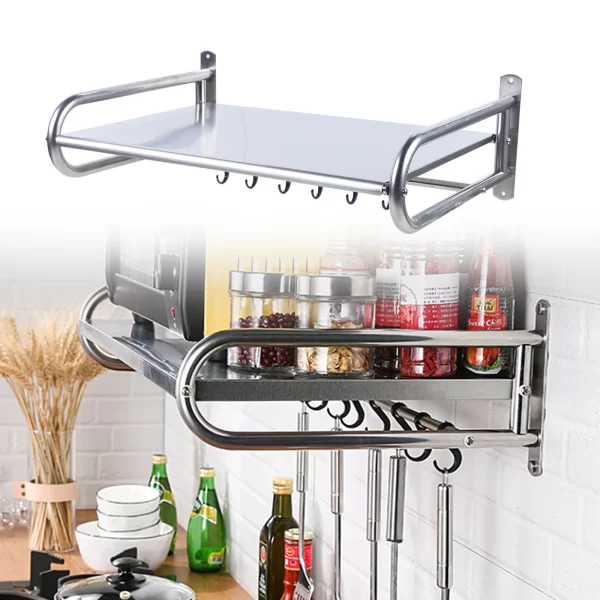 53CM Single Layer with 6 Hooks Stainless Steel Microwave Oven Shelf Wall-Mounted Kitchen Shelf - Image 4