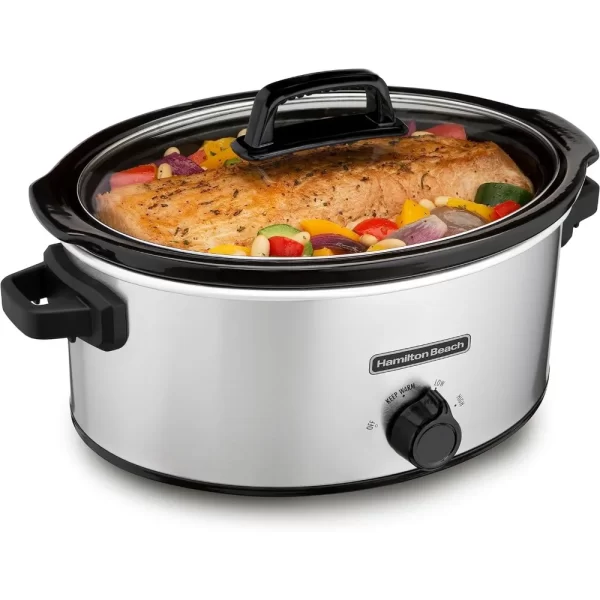 6-Quart Slow Cooker with 3 Cooking Settings, Dishwasher-Safe Stoneware Crock & Glass Lid, Silver, Multi-functional Pot