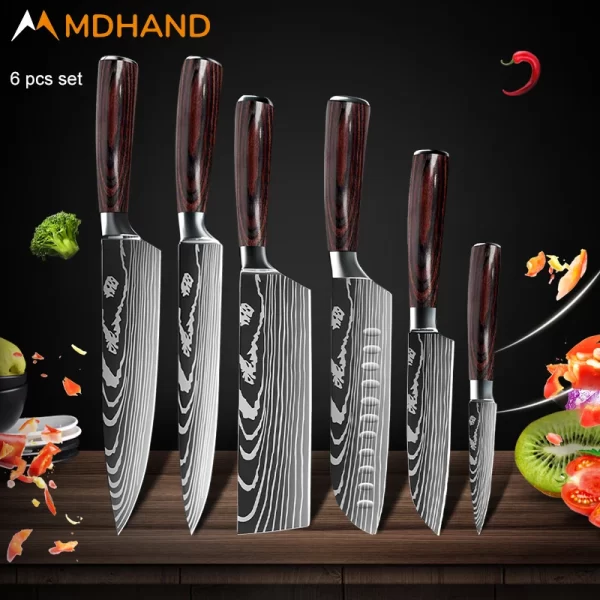 Kitchen Knife Set Damascus Pattern Stanless Steel  Japanese Santoku Knife Cleaver Slicing Utility Knife - Image 9