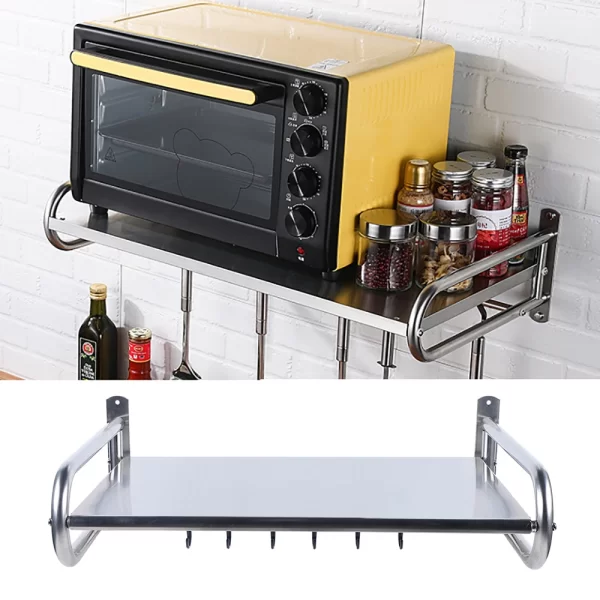 53CM Single Layer with 6 Hooks Stainless Steel Microwave Oven Shelf Wall-Mounted Kitchen Shelf - Image 3