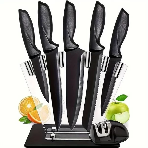 A set of 7 kitchen knives, a set of stainless steel black knives, professional chef's knife, acrylic stand, kitchen accessories - Image 7