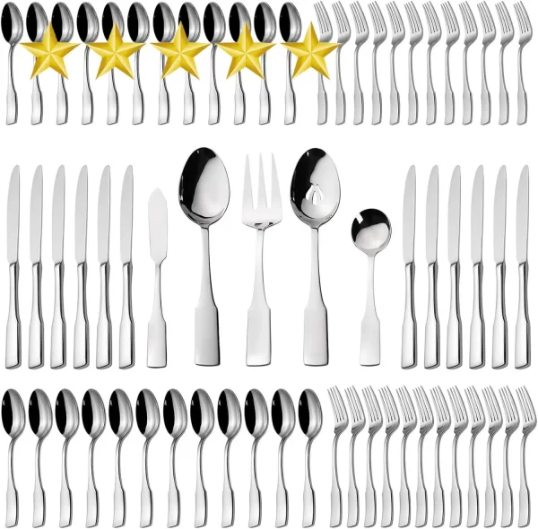 NEW 65-Piece Silverware Set with Utensil-Serving Set, Service for 12, Stainless Steel Flatware Set, Mirror Polished Cutlery Set