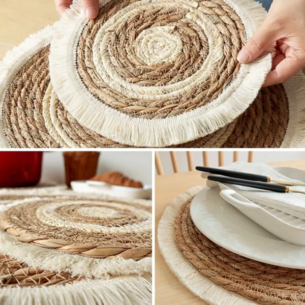 25/38cm Round Placemats Natural Wicker Woven Tassels Placemat Plate Water Straw Braided Tablemats Rattan Weave Dining Table Mat - Image 4