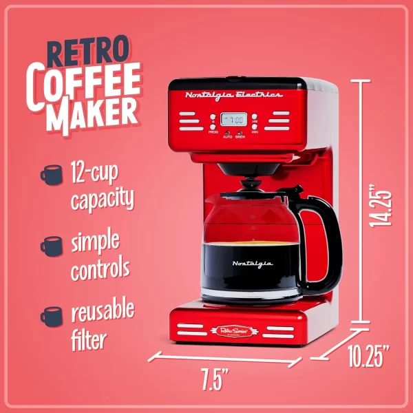 Retro 12-Cup Programmable Coffee Maker With LED Display, Automatic Shut-Off & Keep Warm, Pause-And-Serve Function, Red - Image 2