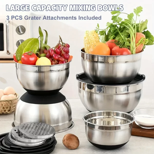 8pcs Mixing Bowls with Airtight Lids Stainless Steel Mixing Bowl Set, Attachments  Bottoms, Black Kitchen Bowls, Baking Serving - Image 2