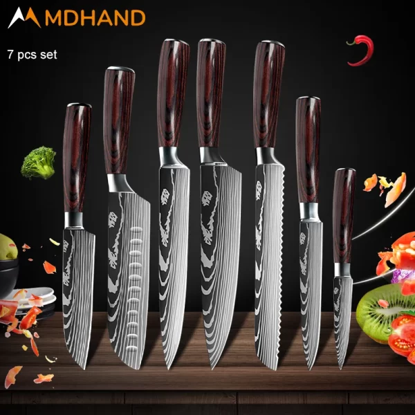 Kitchen Knife Set Damascus Pattern Stanless Steel  Japanese Santoku Knife Cleaver Slicing Utility Knife - Image 8