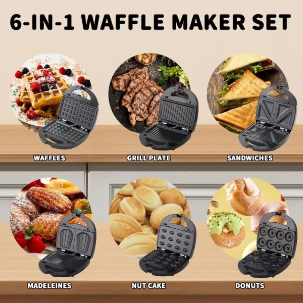 6 in 1 Sandwich Maker, Waffle Maker with Removable Plates, Dual-Sided Heating Non-Stick Plates, Perfect for Cooking Breakfast - Image 2