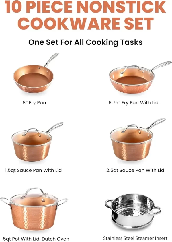 Steel Hammered Copper 10 Pc Pots and Pans Set Non Stick Cookware Set, Non Toxic Ceramic Cookware Set, Kitchen Cookware Se - Image 2