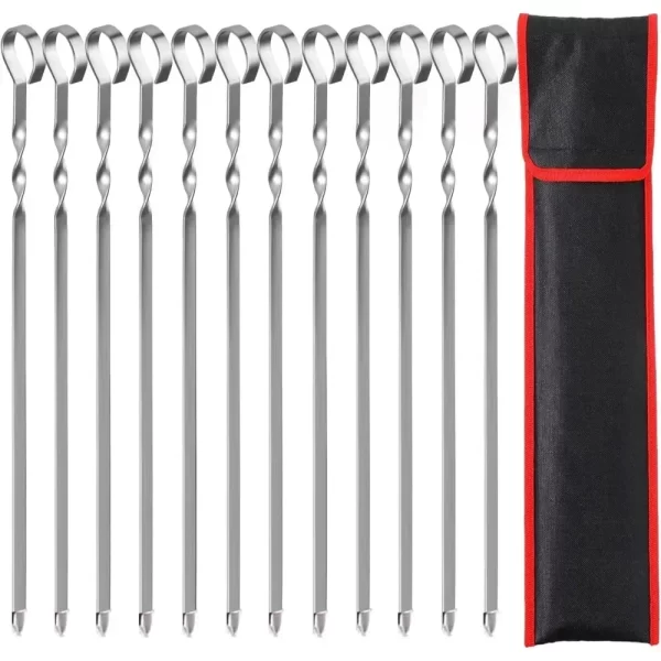 12 Piece Set of Nylon Bags for Barbecue Skewers, 39cm Long Steel Skewers for Meat Skewers, Used for Bonfires or Barbecues