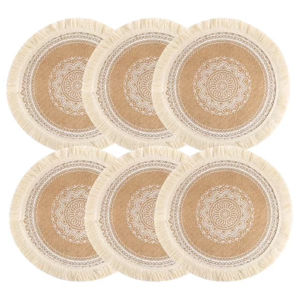 Set of 6 Boho Round Placemats Kitchen Plate Mats Runners for Dining Table Mandala Bohemian Burlap Circle Placemats 15 Inch