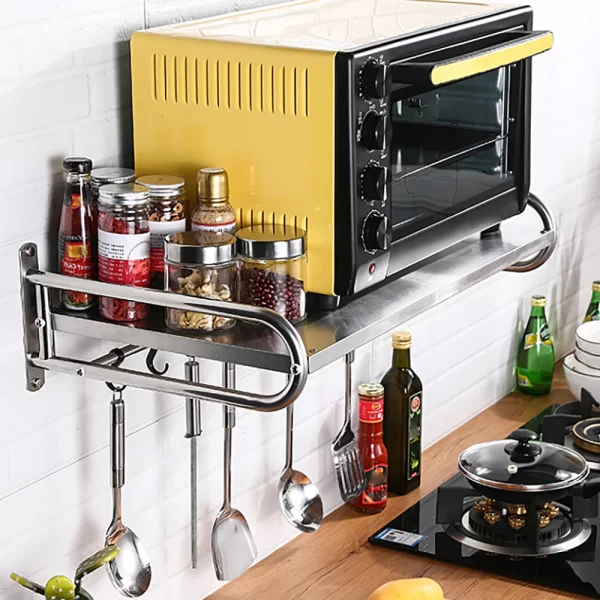 53CM Single Layer with 6 Hooks Stainless Steel Microwave Oven Shelf Wall-Mounted Kitchen Shelf