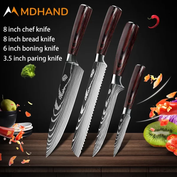 Kitchen Knife Set Damascus Pattern Stanless Steel  Japanese Santoku Knife Cleaver Slicing Utility Knife - Image 14