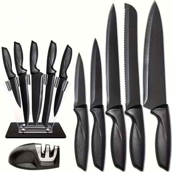 A set of 7 kitchen knives, a set of stainless steel black knives, professional chef's knife, acrylic stand, kitchen accessories - Image 5