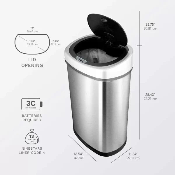 Automatic Touchless Infrared Motion Sensor Trash Can, 13 Gal 50L, Stainless Steel Base (Oval, Silver/Black Lid)Quality Materials - Image 4