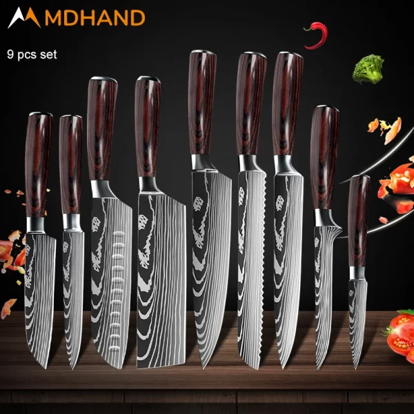 Kitchen Knife Set Damascus Pattern Stanless Steel  Japanese Santoku Knife Cleaver Slicing Utility Knife - Image 11