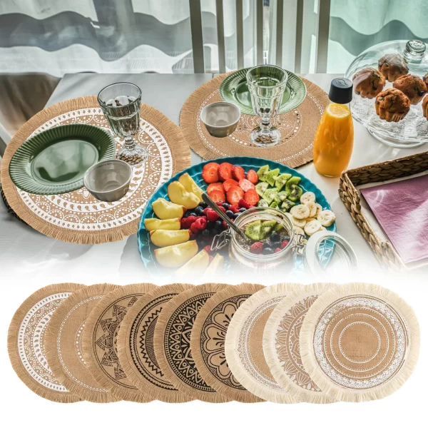 Set of 6 Boho Round Placemats Kitchen Plate Mats Runners for Dining Table Mandala Bohemian Burlap Circle Placemats 15 Inch - Image 2