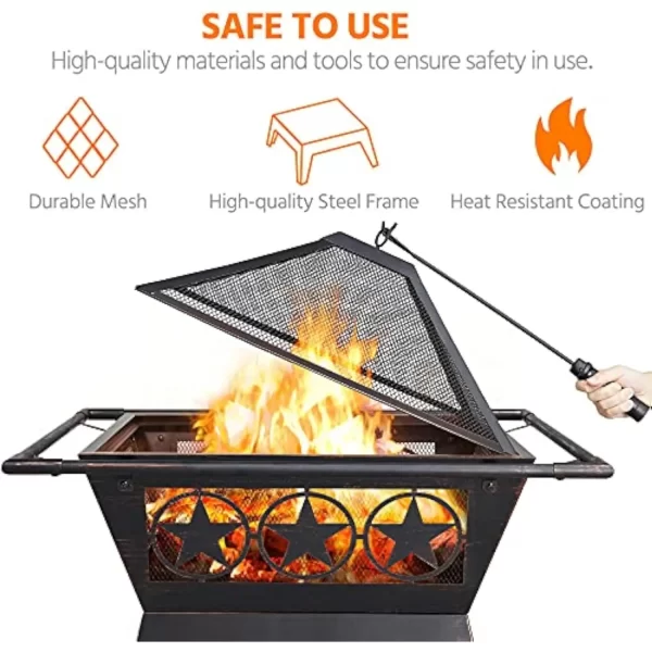 Fire Pit 32in for Outside Outdoor Fireplace Large Square Wood Burning Heavy Duty for Patio BBQ Camping Bonfire with Spark Screen - Image 5