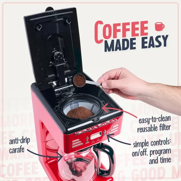 Retro 12-Cup Programmable Coffee Maker With LED Display, Automatic Shut-Off & Keep Warm, Pause-And-Serve Function, Red - Image 4