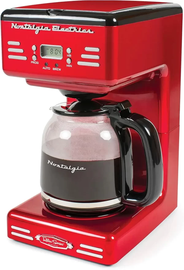 Retro 12-Cup Programmable Coffee Maker With LED Display, Automatic Shut-Off & Keep Warm, Pause-And-Serve Function, Red