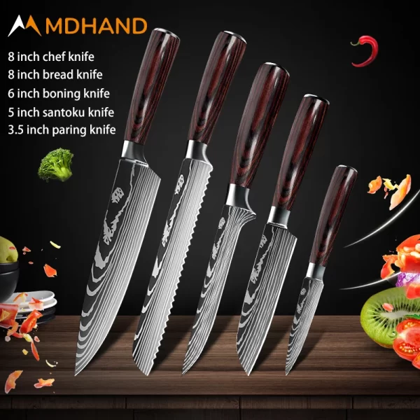 Kitchen Knife Set Damascus Pattern Stanless Steel  Japanese Santoku Knife Cleaver Slicing Utility Knife - Image 19