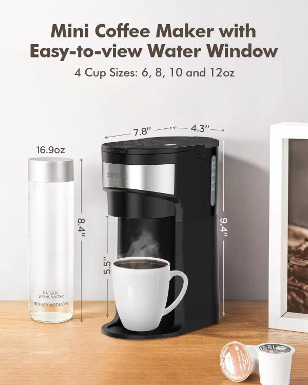 SIFENE Mini Coffee Maker Single Serve, One Cup for K Pod & Ground Coffee, Capsule Coffee Machine with Water Window, Black - Image 3