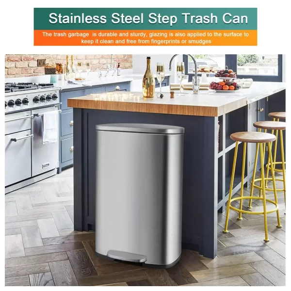 13 Gallon Stainless Steel Trash Can, Step Kitchen Garbage Can with Lid & Removable Inner Bucket, 50 Liter Pedal Metal Rubbish - Image 2