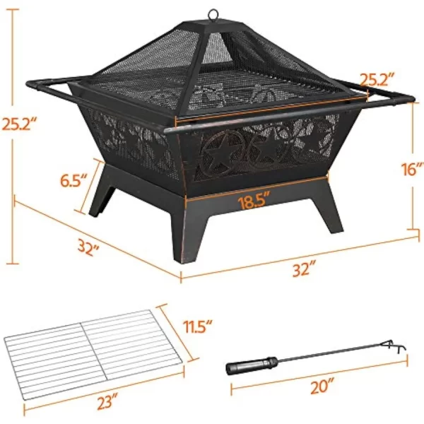 Fire Pit 32in for Outside Outdoor Fireplace Large Square Wood Burning Heavy Duty for Patio BBQ Camping Bonfire with Spark Screen - Image 6