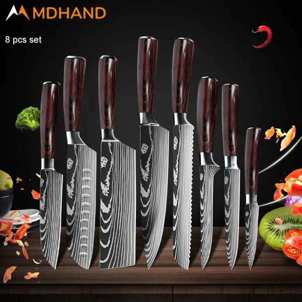 Kitchen Knife Set Damascus Pattern Stanless Steel  Japanese Santoku Knife Cleaver Slicing Utility Knife - Image 10